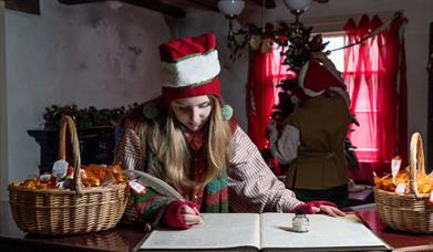 Child dressed as an elf writing in a book.