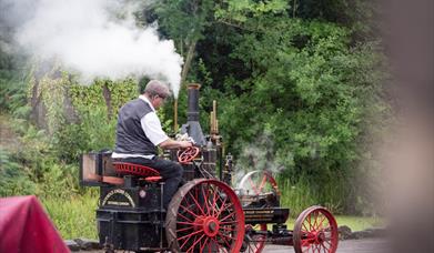 A man in Victorian costume is driving a black and red steam engine alongside a wooded canal towpath. There is smoke coming from the brass chimney on t
