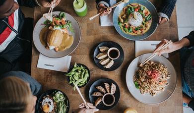 a range of wagamama dishes including donburi, raisukaree, yaki soba and katsu curry. sides include gyoza and edamame beans.