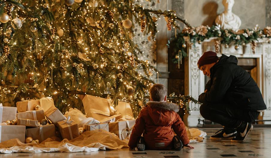 Two individuals kneeling in front of a Christmas tree.