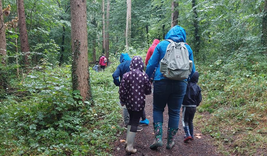 family walking in the woods