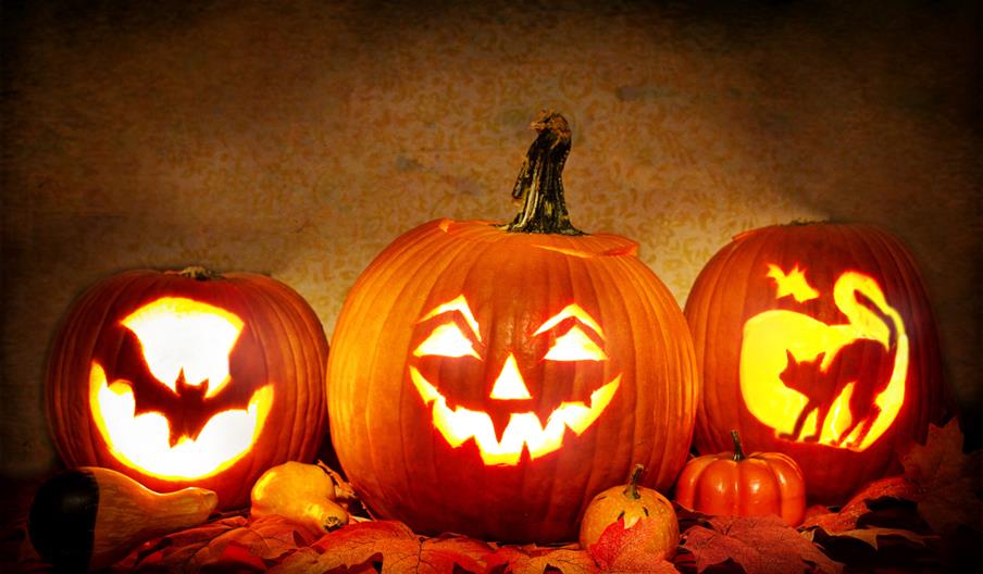 Three carved pumpkins with Halloween designs