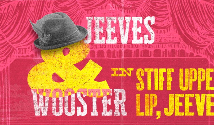 The title in yellow and white against a red backdrop with a trilby hat and tiny butler.