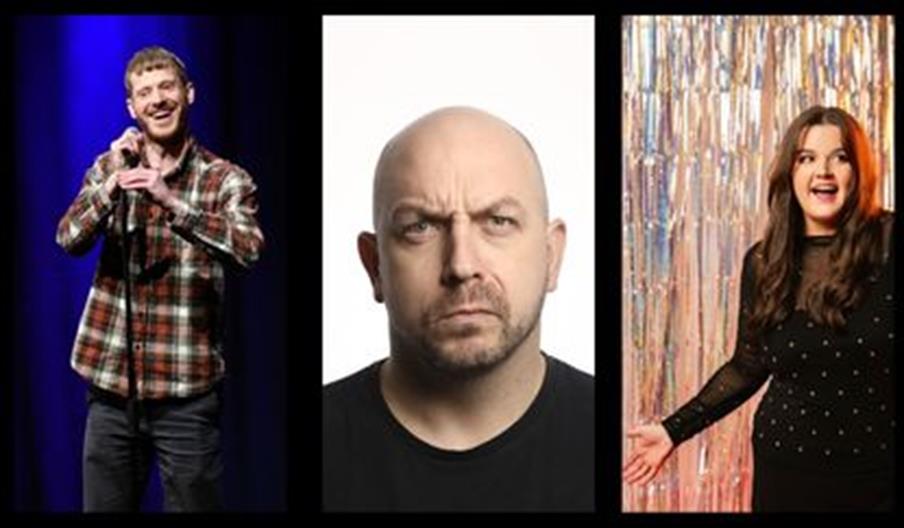 A photo collage of of three comedians. Left to right they are David Eagle performing onstage, Jason Neale frowning at the cameria, and Tal Davies posi
