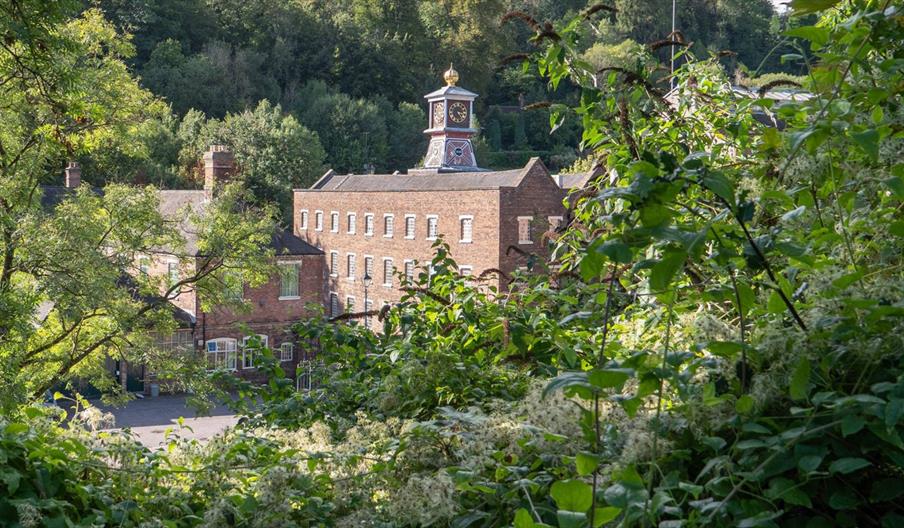 Coalbrookdale Museum of Iron buildings pictured through trees and greenery