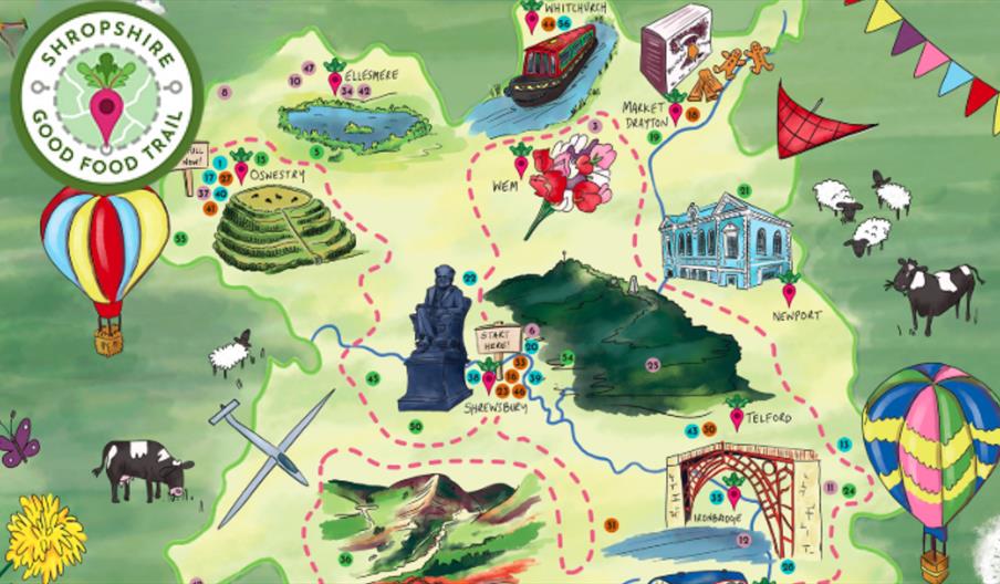 An illistrated map of the Shropshire Good Food Trail