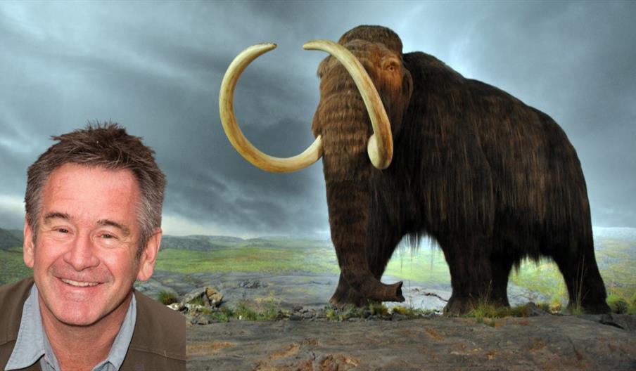 An illustration of a woolly mammoth with Nigel's headshot inserted