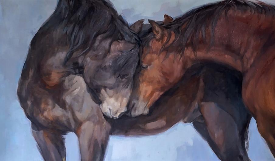 A contemporary artwork depicting two horses.