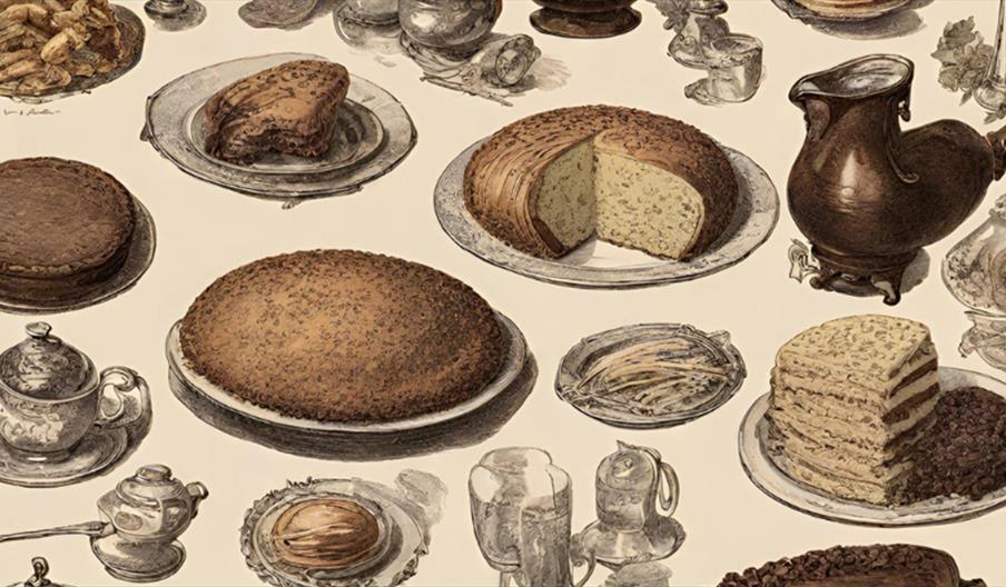 An illustration of lots of different dishes on a table with place settings in a Victorian style.