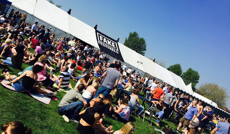 Festival goers sat on grass outside music tent on a sunny day