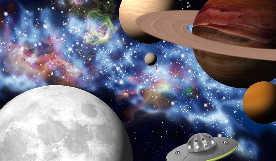 Cartoon image of the universe featuring five planets, a spaceship, and stars.