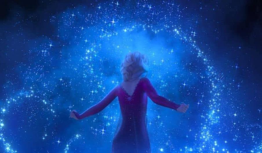 A dark blue background with magical swirls, the Princess is in the centre but facing away with her back to the viewer.