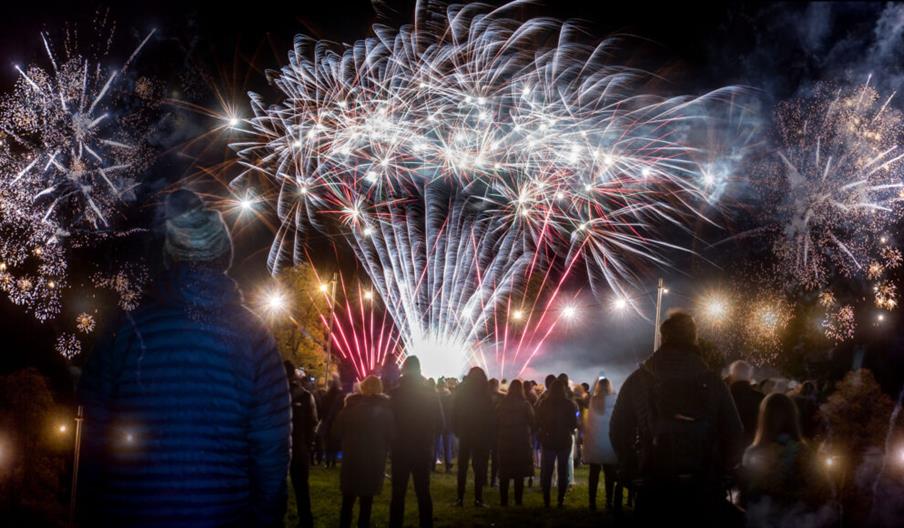 A crowd looking up at the fireworks display