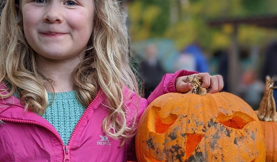 Child in a pink jacket standing beside a carved pumpkin in a woodland setting