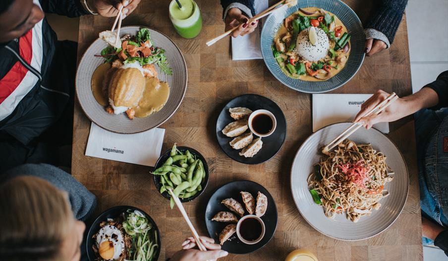 a range of wagamama dishes including donburi, raisukaree, yaki soba and katsu curry. sides include gyoza and edamame beans.