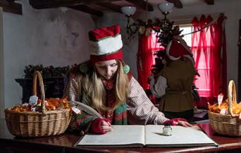 Child dressed as an elf writing in a book.