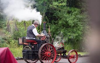 A man in Victorian costume is driving a black and red steam engine alongside a wooded canal towpath. There is smoke coming from the brass chimney on t