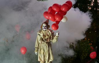 Clown holding balloons, surrounded by fog.