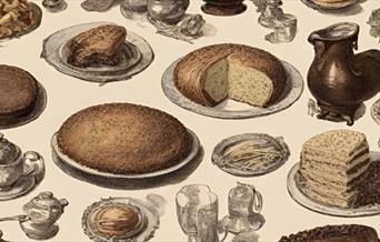 An illustration of lots of different dishes on a table with place settings in a Victorian style.