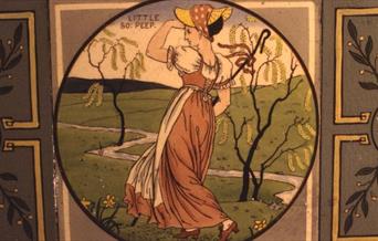 A photo of an old painting of a woman in a dress.