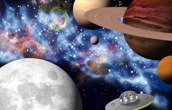 Cartoon image of the universe featuring five planets, a spaceship, and stars.