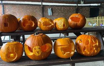 10 pumpkins cut as jack o lanterns in two rows on a picnic bench