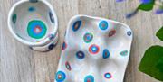 Hand-buillt and decorated Egg Cup and Egg holder