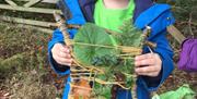 Little boy showing he nature collage made of natural objects