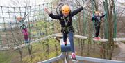 Three children using the high ropes course in Telford Town Park