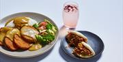 yasai katsu curry, vegan chicken hirata buns + cherry blossom lemonade