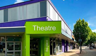 Frontage of Telford Theatre, Oakengates showing Green and Purple colours to the building