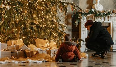 Two individuals kneeling in front of a Christmas tree.
