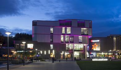 Exterior of Southwater Library illuminated in with purple lights