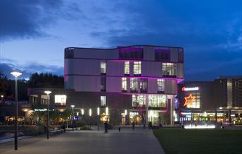Exterior of Southwater Library illuminated in with purple lights