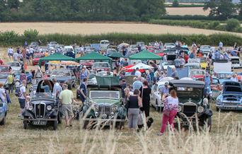 Classic motor day event with the classic vehicles lined up through the field.