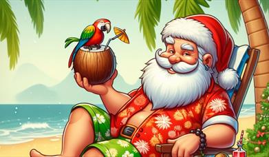 a cartoon picture of Santa sitting in a beach chair on a beach with a drink in a coconut in his hand.  He's wearing his santa hat with shorts and t-sh