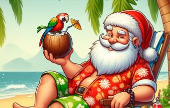 a cartoon picture of Santa sitting in a beach chair on a beach with a drink in a coconut in his hand.  He's wearing his santa hat with shorts and t-sh