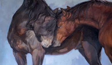 A contemporary artwork depicting two horses.