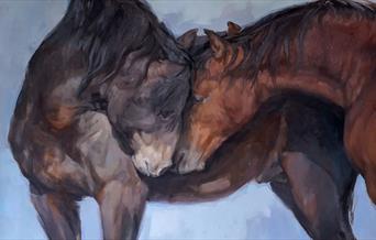 A contemporary artwork depicting two horses.