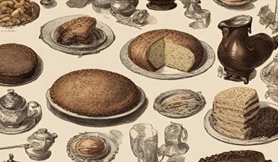 An illustration of lots of different dishes on a table with place settings in a Victorian style.