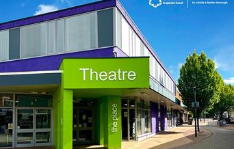 Frontage of Telford Theatre, Oakengates showing Green and Purple colours to the building