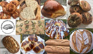 Various breads including sourdough, focaccia, hot cross buns, Shropshire butter bun, cinnamon knot, tiger bread