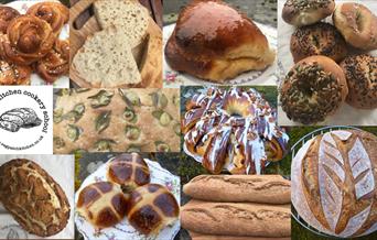 Various breads including sourdough, focaccia, hot cross buns, Shropshire butter bun, cinnamon knot, tiger bread