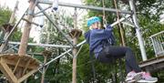 A young lady on the high ropes course