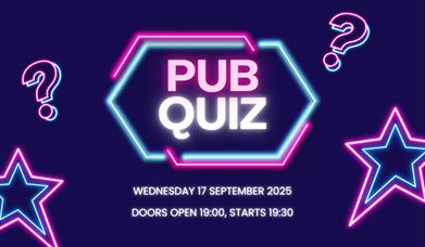 rectangular blue image. in the middle in a neon coloured font reads pub quiz, followed by the date of wednesday 17 september 2025 and the time of door
