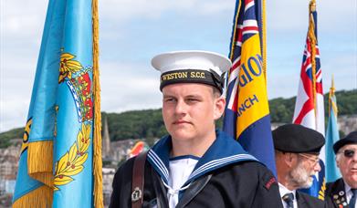 A member of the Weston-super-Mare Sea Cadets in full uniform during the Armed Forces Day parade in Wewston-super-Mare