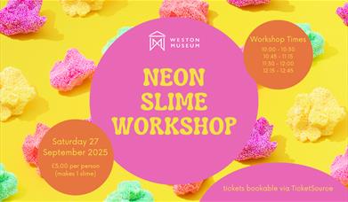 rectangular image with yellow background with lumps of coloured slime in the background. information included on the image is the event name, workshop