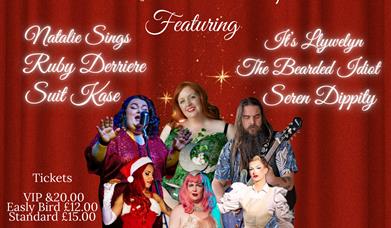 This is a poster for a cabaret show, featuring local cabaret performers coming out of a gold Christmas cracker.