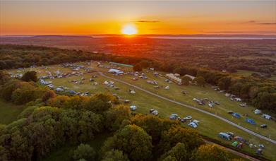 Aerial view of Mendip Basecamp at sunset