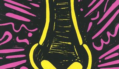 My fathers nose image in bright pink and yellow drawing.